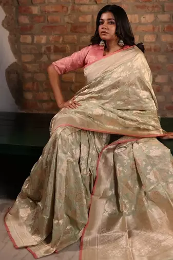 green hand woven katan silk blend zari woven all seasons sarees