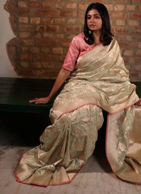 green hand woven katan silk blend zari woven all seasons sarees 4