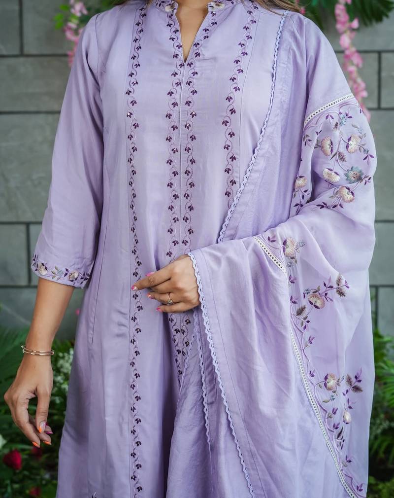 Lavender muslin cotton embroidered ceremonial readymade kurta set with dupatta
