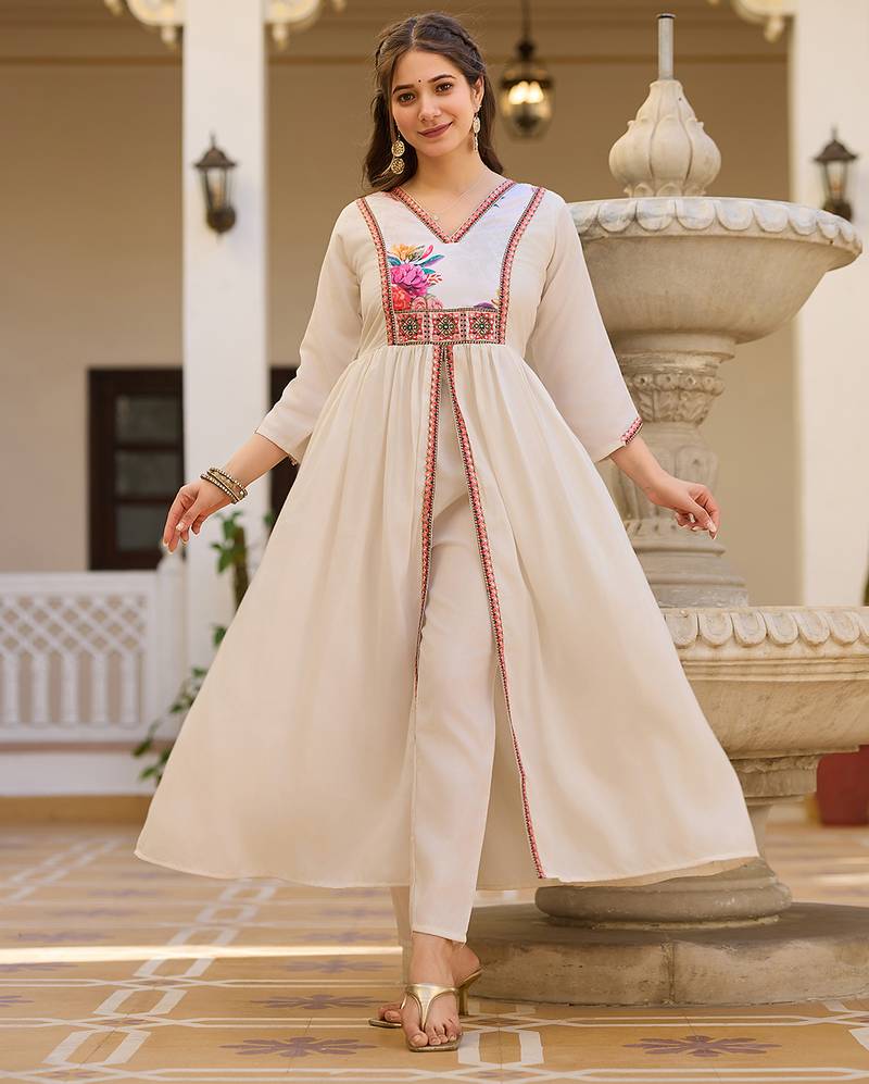 Off white silk embroidered ceremonial readymade kurta set with dupatta