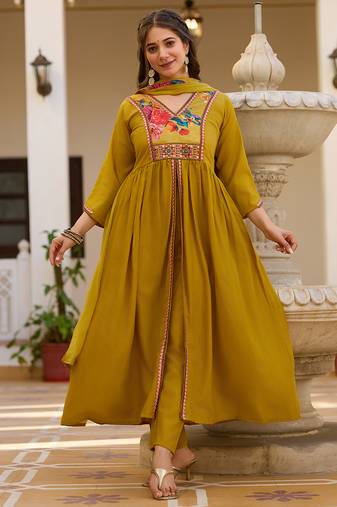 Mustard silk embroidered ceremonial readymade kurta set with dupatta