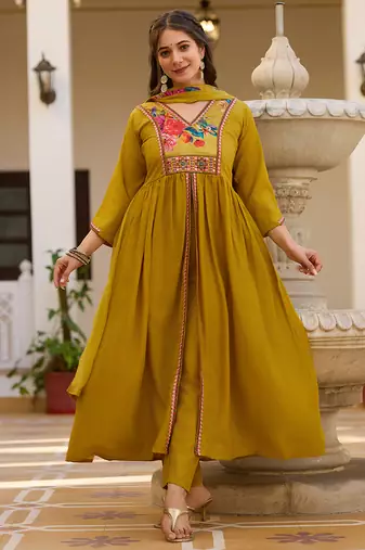 Mustard silk embroidered ceremonial readymade kurta set with dupatta