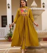 Mustard silk embroidered ceremonial readymade kurta set with dupatta