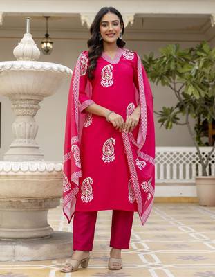 Pink rayon embroidered ceremonial readymade kurta set with dupatta 1