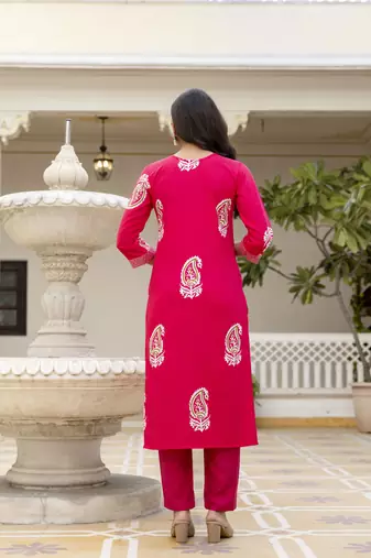 Pink rayon embroidered ceremonial readymade kurta set with dupatta