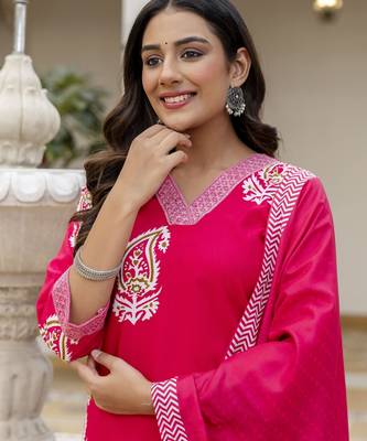 Pink rayon embroidered ceremonial readymade kurta set with dupatta 3
