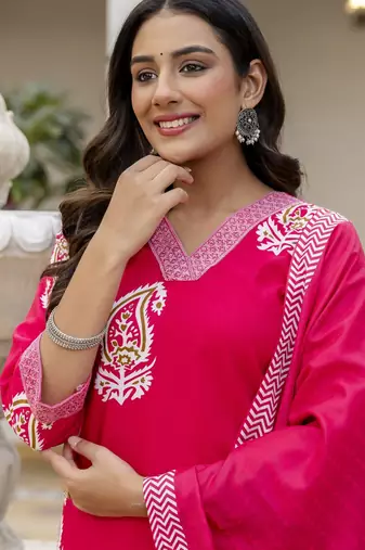 Pink rayon embroidered ceremonial readymade kurta set with dupatta