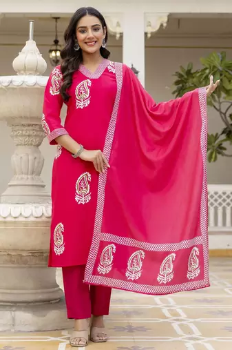Pink rayon embroidered ceremonial readymade kurta set with dupatta