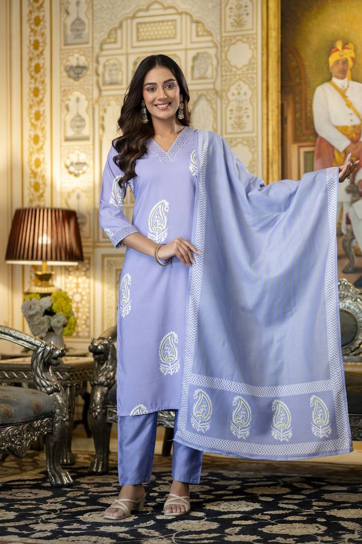 Blue rayon embroidered ceremonial readymade kurta set with dupatta