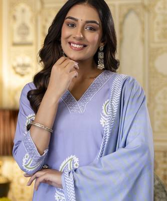 Blue rayon embroidered ceremonial readymade kurta set with dupatta 3