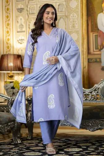 Blue rayon embroidered ceremonial readymade kurta set with dupatta