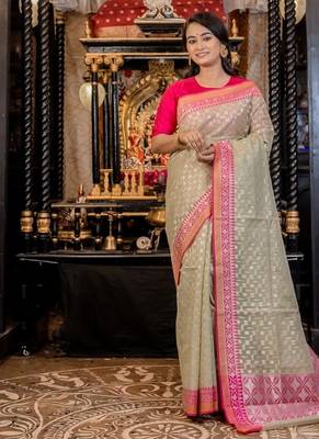 green woven organza zari woven all seasons sarees 1