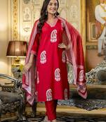 Red rayon embroidered ceremonial readymade kurta set with dupatta