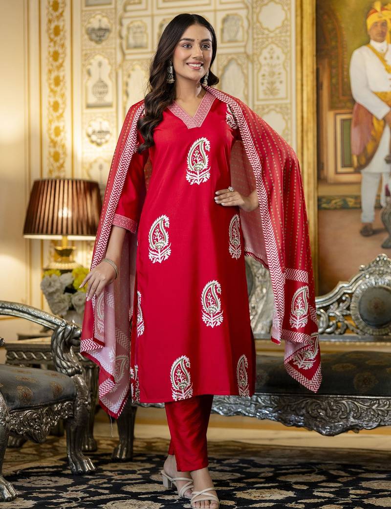 Red rayon embroidered ceremonial readymade kurta set with dupatta