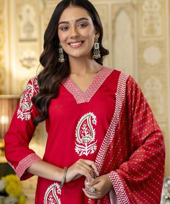 Red rayon embroidered ceremonial readymade kurta set with dupatta 3