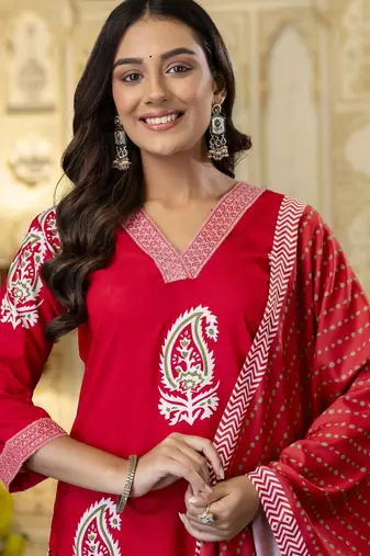 Red rayon embroidered ceremonial readymade kurta set with dupatta