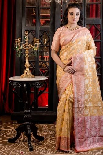 yellow woven organza zari woven all seasons sarees