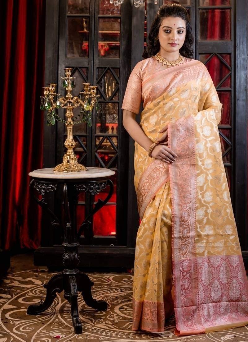 yellow woven organza zari woven all seasons sarees