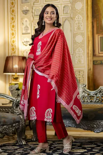 Red rayon embroidered ceremonial readymade kurta set with dupatta