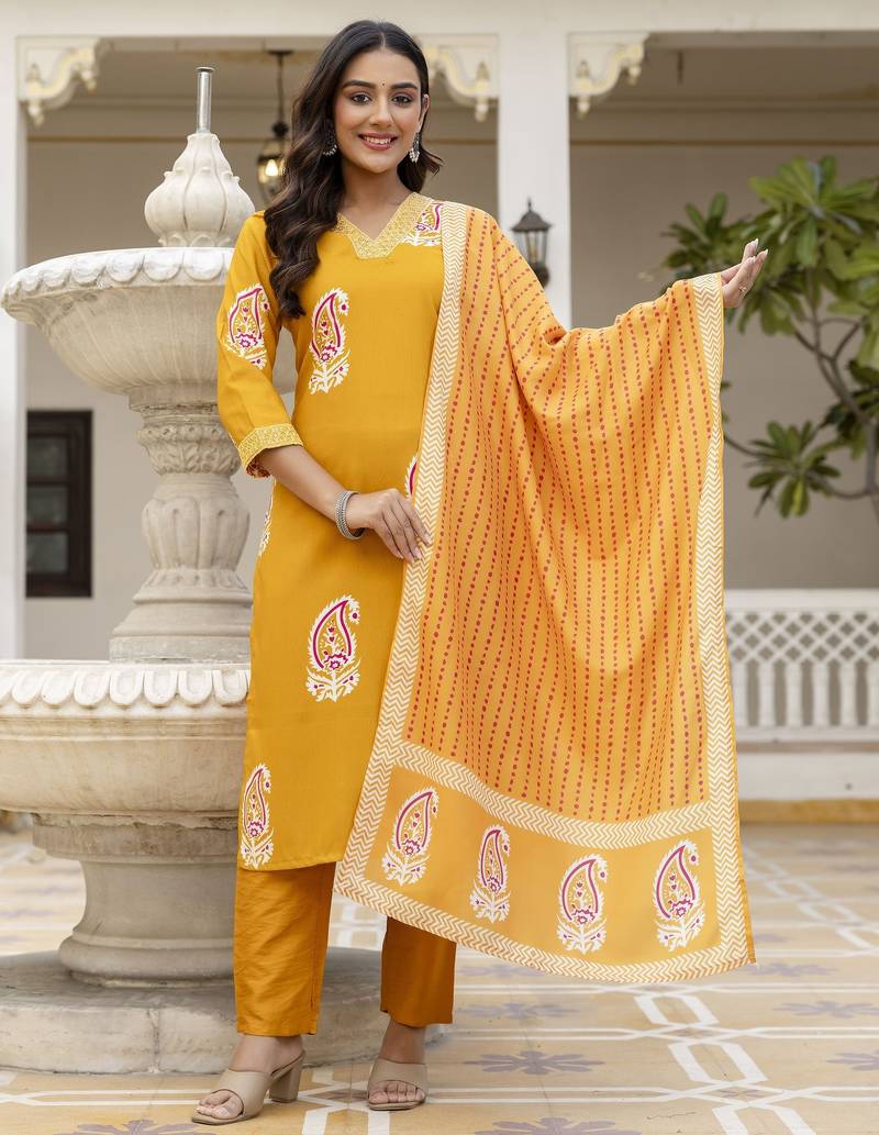 Yellow rayon embroidered ceremonial readymade kurta set with dupatta