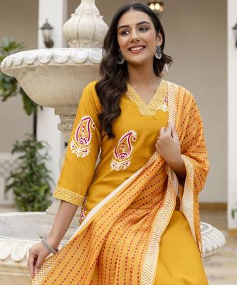 Yellow rayon embroidered ceremonial readymade kurta set with dupatta 3