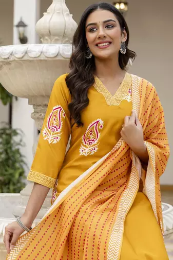 Yellow rayon embroidered ceremonial readymade kurta set with dupatta