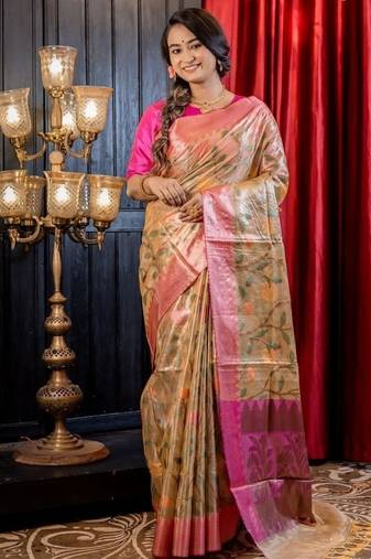 gold hand woven tissue banarasi silk blend all seasons sarees