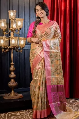 gold hand woven tissue banarasi silk blend all seasons sarees