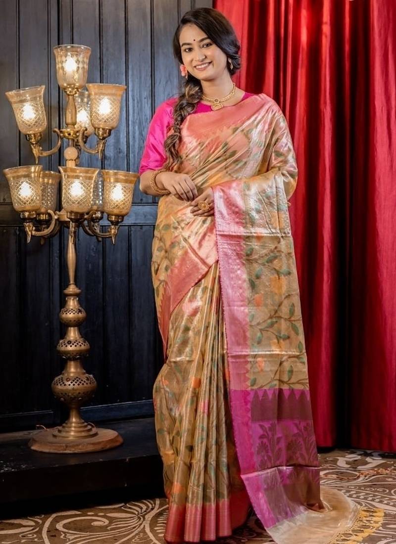 gold hand woven tissue banarasi silk blend all seasons sarees