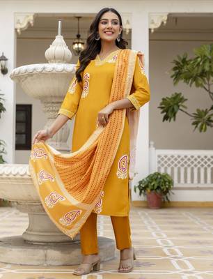 Yellow rayon embroidered ceremonial readymade kurta set with dupatta 4