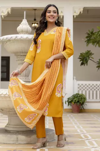 Yellow rayon embroidered ceremonial readymade kurta set with dupatta