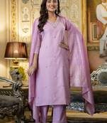 Pink viscose rayon embroidered ceremonial readymade kurta set with dupatta