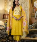Yellow viscose rayon embroidered ceremonial readymade kurta set with dupatta