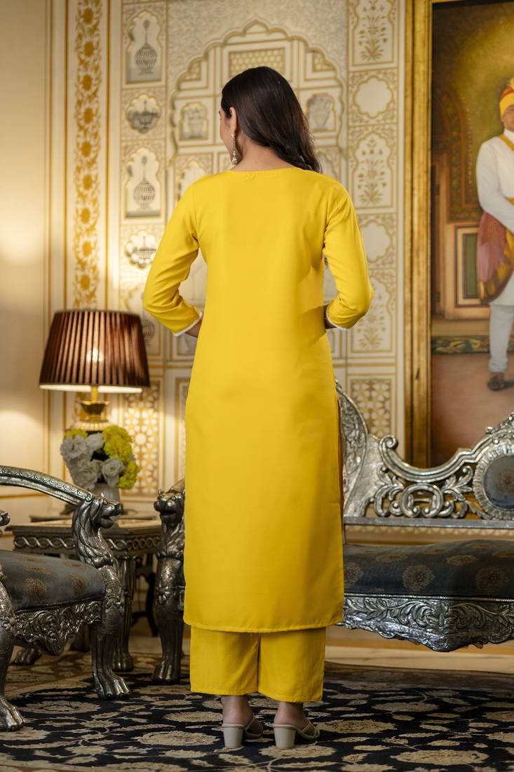 Yellow viscose rayon embroidered ceremonial readymade kurta set with dupatta