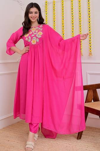 Pink chanderi silk embroidered ceremonial readymade kurta set with dupatta