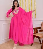 Pink chanderi silk embroidered ceremonial readymade kurta set with dupatta
