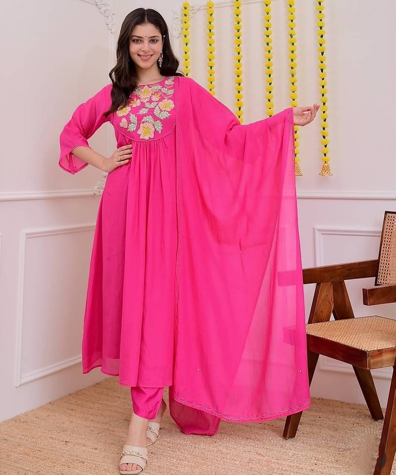 Pink chanderi silk embroidered ceremonial readymade kurta set with dupatta