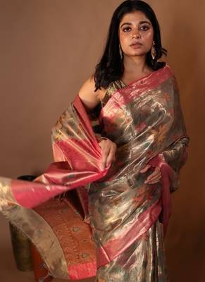 brown hand woven tissue banarasi silk blend all seasons sarees 1