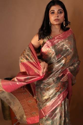 brown hand woven tissue banarasi silk blend all seasons sarees