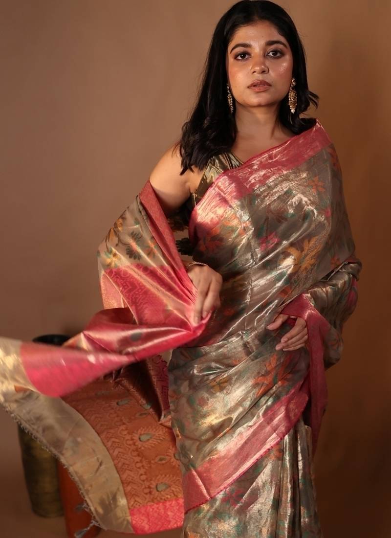 brown hand woven tissue banarasi silk blend all seasons sarees