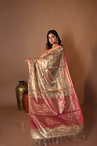 brown hand woven tissue banarasi silk blend all seasons sarees