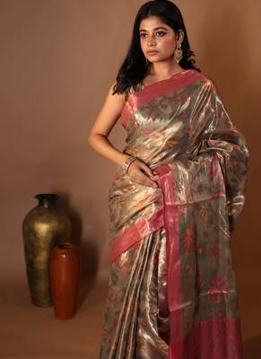 brown hand woven tissue banarasi silk blend all seasons sarees 3