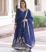 Blue heavy embroidered ethnic gown with dupatta