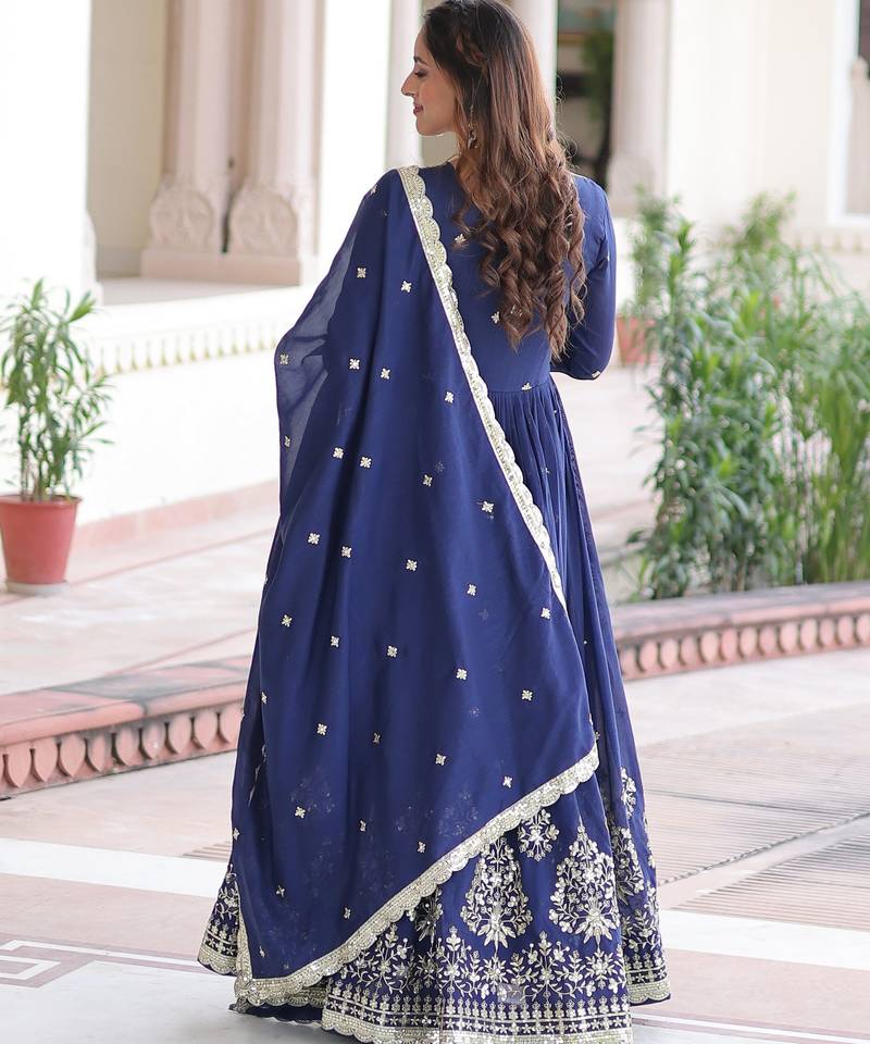 Blue heavy embroidered ethnic gown with dupatta