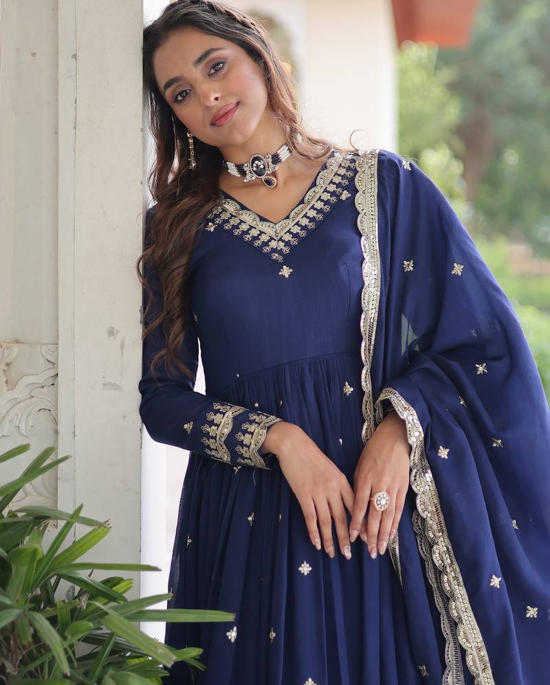 Blue heavy embroidered ethnic gown with dupatta