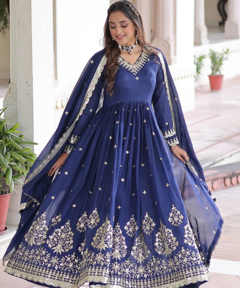 Blue heavy embroidered ethnic gown with dupatta