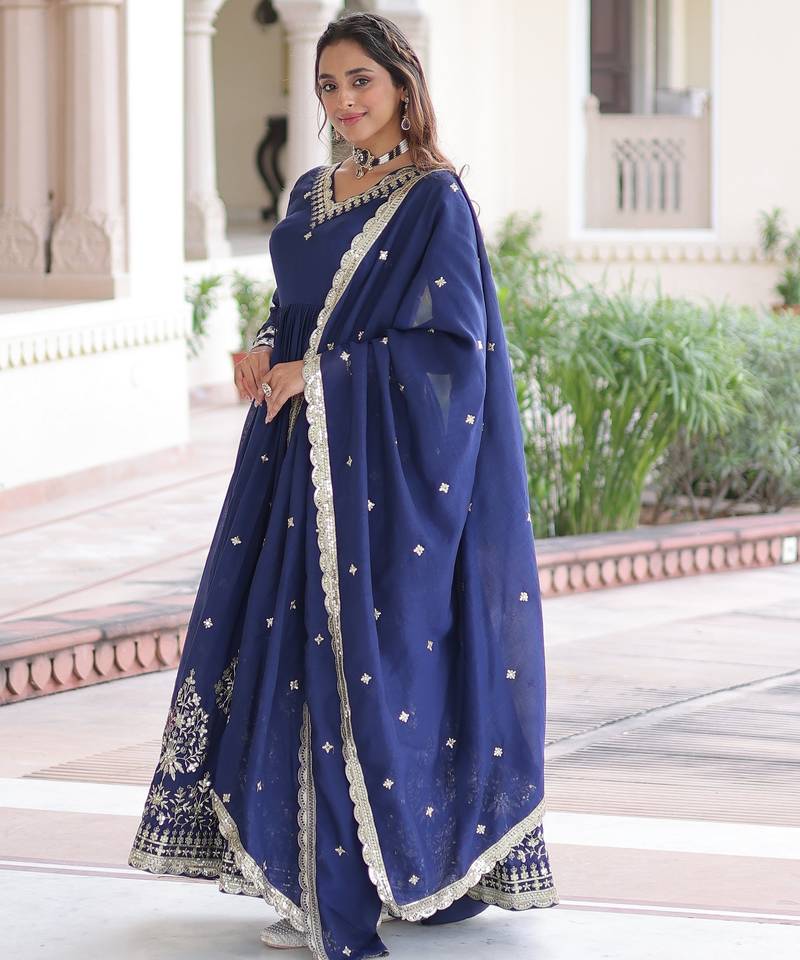 Blue heavy embroidered ethnic gown with dupatta