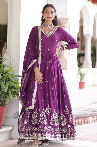 Magenta heavy embroidered ethnic gown with dupatta