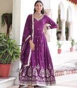 Magenta heavy embroidered ethnic gown with dupatta