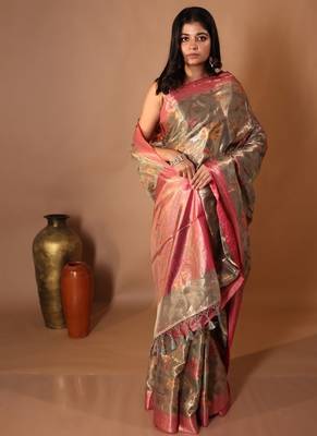 brown hand woven tissue banarasi silk blend all seasons sarees 4